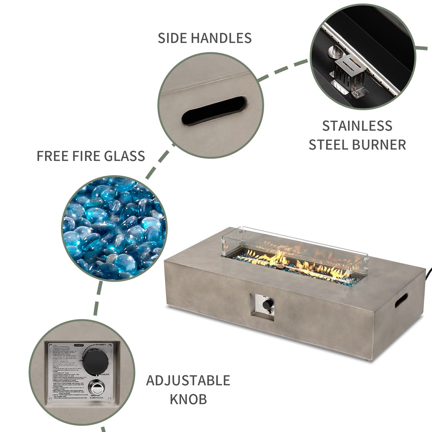 COSIEST Outdoor Propane Fire Pit Table, 56-inch x 28-inch Rectangle Gray Concrete-Like Finish, Certified, 50,000 BTU Stainless Steel Burner w Blue Fire Glass, Wind Guard, Raincover