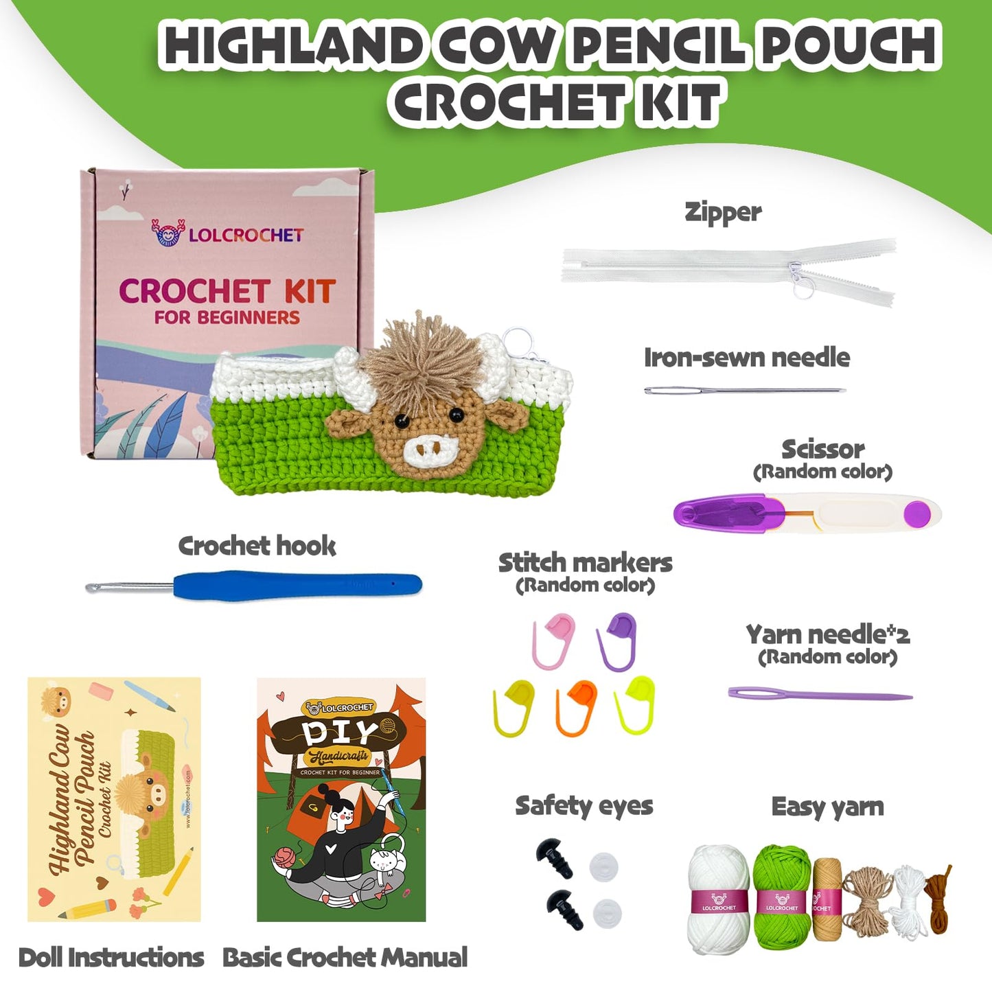 Highland Cow Crochet Kit for Beginners, Learn to Crochet Pencil Bag Starter Set with Video Tutorial & Crocheting Manual, Easy Yarn Knitting Kit for Adult, DIY Amigurumi Birthday Xmas Gift Idea