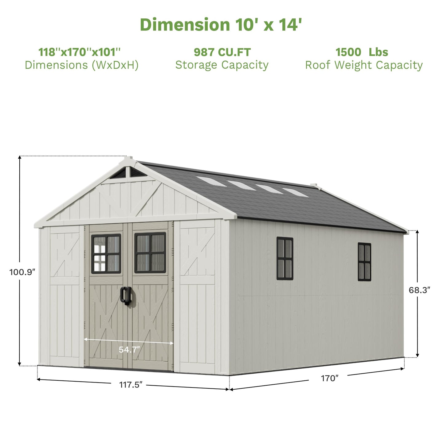 Patiowell 10 x 14 FT Outdoor Storage Shed, Plastic Shed with Floor and Skylight, Resin Storage Shed with Four-Window and Lockable Door for Garden, Patio, Backyard, Beige