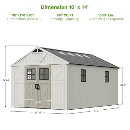 Patiowell 10 x 14 FT Outdoor Storage Shed, Plastic Shed with Floor and Skylight, Resin Storage Shed with Four-Window and Lockable Door for Garden, Patio, Backyard, Beige