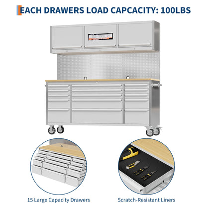 PeacefulHues 72 Inch Rolling Tool Chest with 15 Drawers, Rubber Wood Workbench Top, Anti-Fingerprint Steel, Lockable Wheels & Key Lock, Mobile Storage Cabinet Organizer for Garage & Workshop