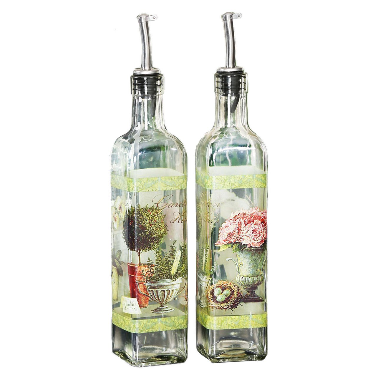 CEDAR HOME Olive Oil Bottle Set Glass Dispenser Vinegar Cruet 17oz. with Stainless Steel Leak Proof Pourer Spout for Cooking or Salad Dressing, 2 Pack, Green