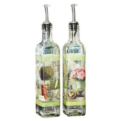 CEDAR HOME Olive Oil Bottle Set Glass Dispenser Vinegar Cruet 17oz. with Stainless Steel Leak Proof Pourer Spout for Cooking or Salad Dressing, 2 Pack, Green
