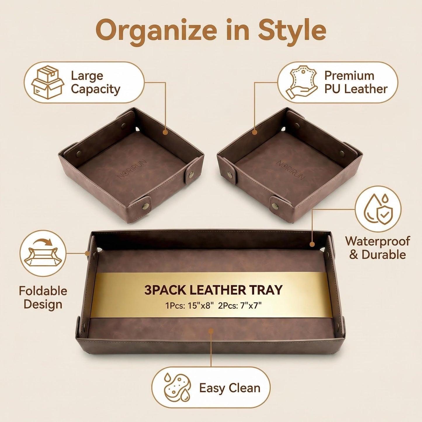 3Pack Mens Valet Tray, Foldable PU Leather Catch All Organizer for Desk, Entryway, Holds Keys, Wallet, Watch, Jewelry, Phone (Brown)