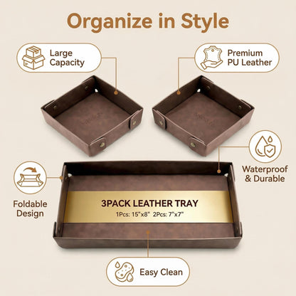 3Pack Mens Valet Tray, Foldable PU Leather Catch All Organizer for Desk, Entryway, Holds Keys, Wallet, Watch, Jewelry, Phone (Brown)
