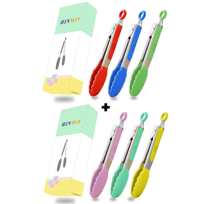 HINMAY Small Tongs Set 7-Inch Mini Tongs with Silicone Tips, Set of 6 (Red Blue Green Pink Mint Yellow)