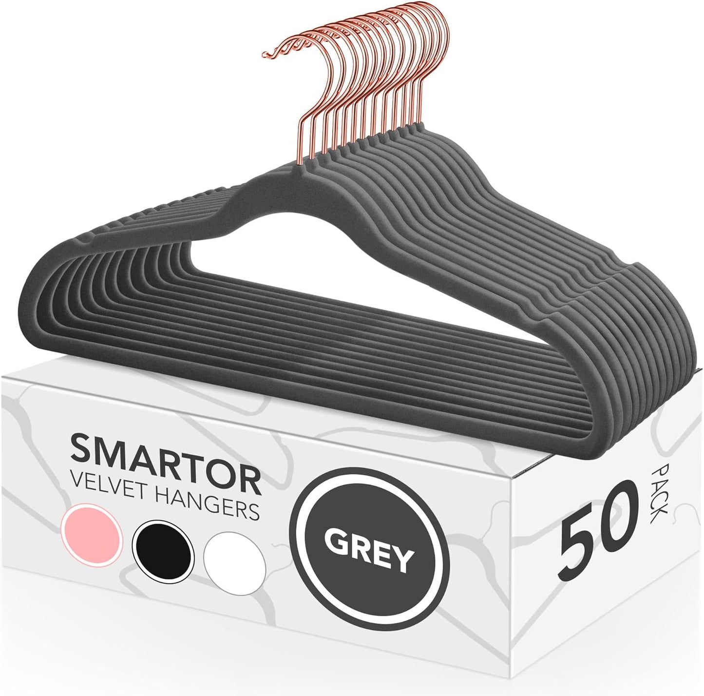 Smartor Grey Velvet Hangers - 50 Pack Non-Slip Heavy Duty Felt Hangers with 360° Rotating Rose Gold Hook | Slim Space-Saving Closet Organizer