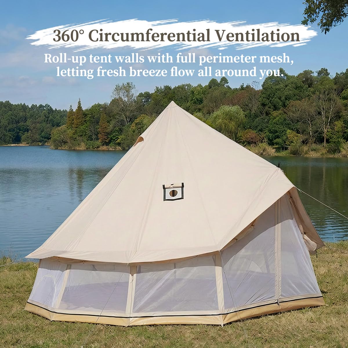Canvas Bell Tent with Stove Jack, Glamping Yurt Tent for 360° Ventilated Mesh with Zipped Removable Floor, 4 Season Family House Hot Tents for All Year Living (Beige- 4M- 173 sq. ft yurt)