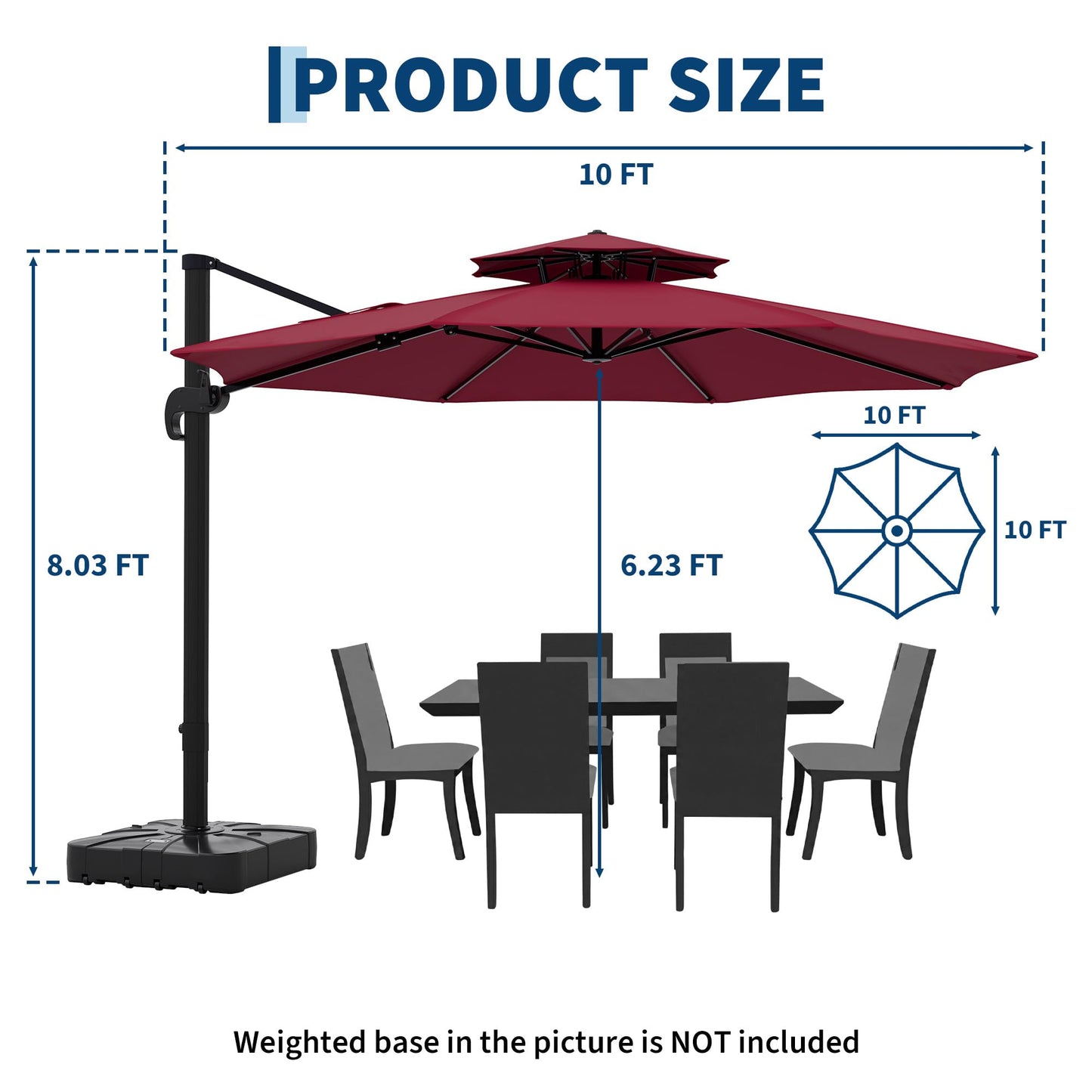 10x10 ft Round Outdoor Umbrella, Cantilever Patio Umbrella with 360° Rotation & Adjustable Height, Heavy Duty Aluminum Umbrella Outdoor Patio for Garden Poolside,Burgundy Red (Base Not Included)