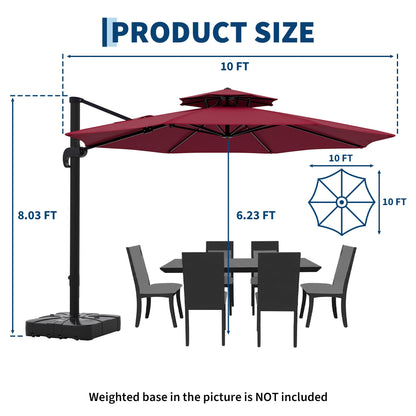 10x10 ft Round Outdoor Umbrella, Cantilever Patio Umbrella with 360° Rotation & Adjustable Height, Heavy Duty Aluminum Umbrella Outdoor Patio for Garden Poolside,Burgundy Red (Base Not Included)