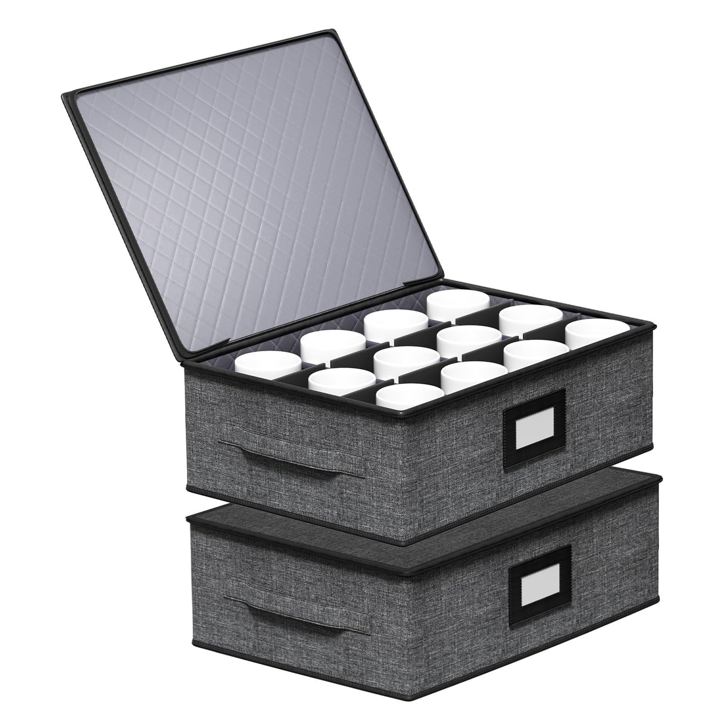 Aokeyee 2-Pack Cup & Mug Storage Box with Dividers, Hard Shell Organizer with Lid, Handles, Zippers & Label Slot, Holds 24 Mugs, Teacups & Glasses, Stackable Containerfor Moving & Protection, Grey