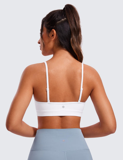 CRZ YOGA Butterluxe V-Neck Sports Bras for Women - Adjustable Thin Straps Padded Yoga Top Basic Wireless Camisole White Medium
