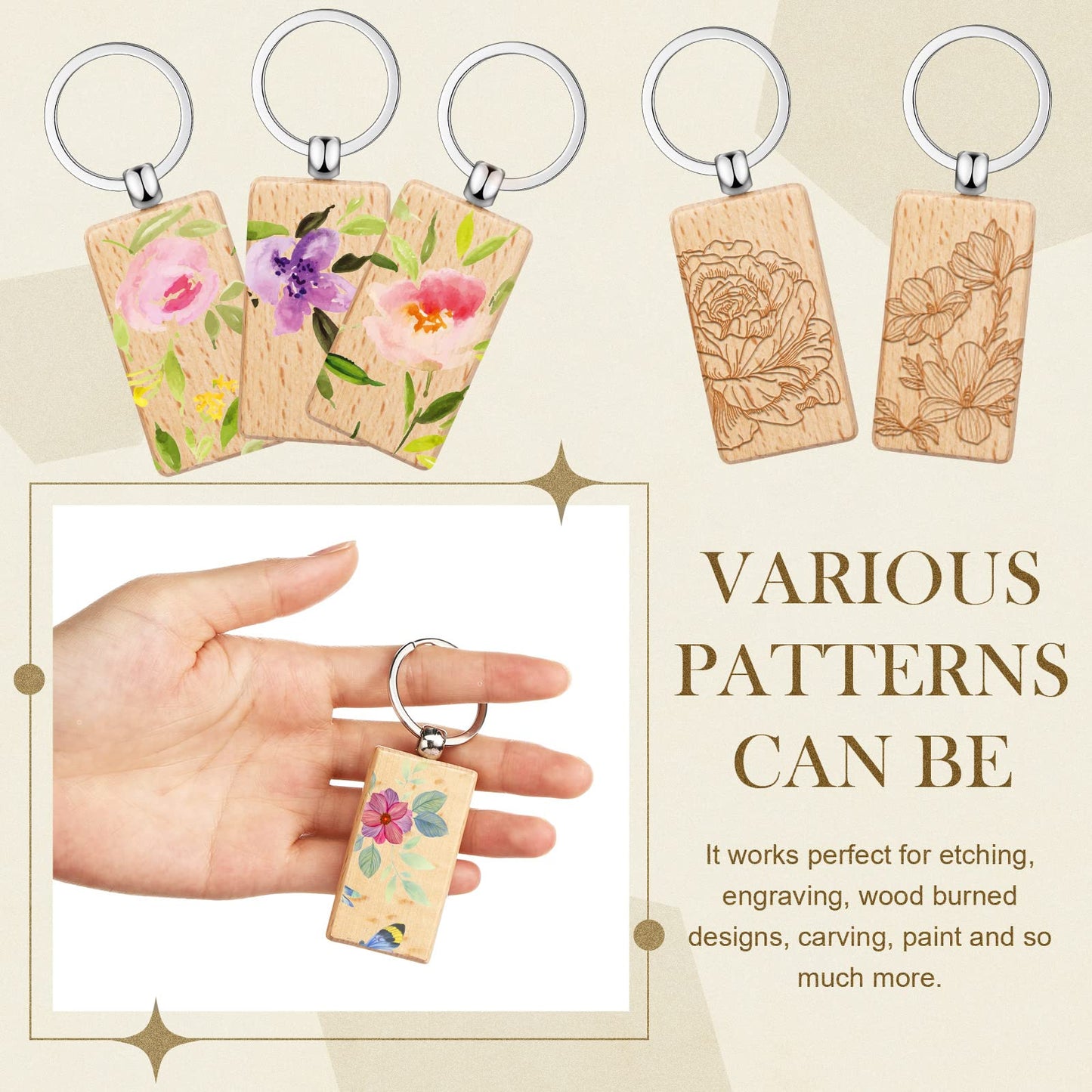 Yinkin 100 Pcs Wooden Keychain Blanks Bulk Laser Engraving Key Chain Unfinished Wooden Key Ring Tag for DIY Gift Crafts (Rectangle)