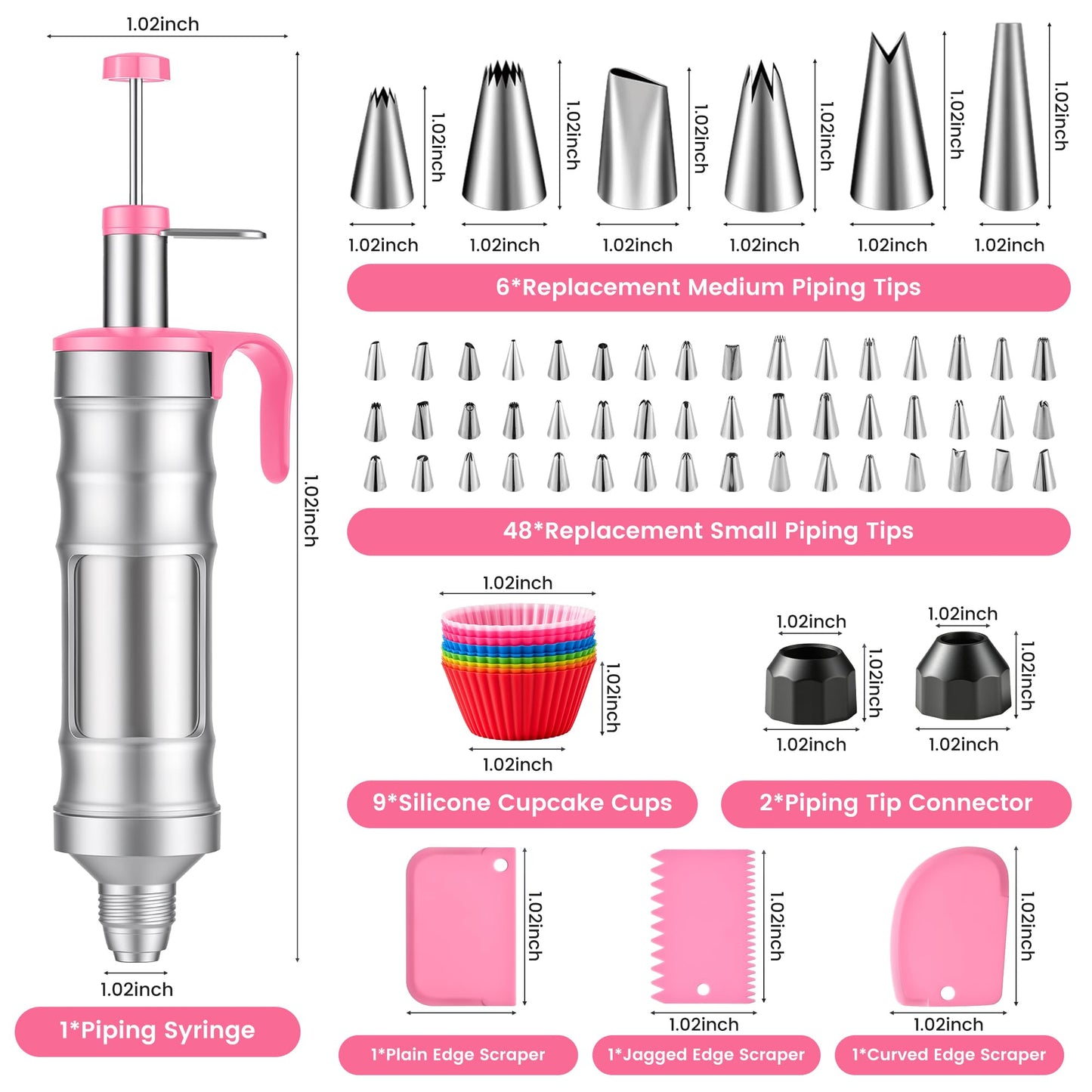 Dessert Decorating Syringe Set - Cupcake Icing Piping Kit, Cupcake Frosting Filling Injector with 54 Piping Icing Nozzles, 9 Silicone Cupcakes, 3 Cream Scrapers -for Cake,Cupcakes,Cookie (69Pcs-Pink)
