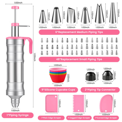 Dessert Decorating Syringe Set - Cupcake Icing Piping Kit, Cupcake Frosting Filling Injector with 54 Piping Icing Nozzles, 9 Silicone Cupcakes, 3 Cream Scrapers -for Cake,Cupcakes,Cookie (69Pcs-Pink)