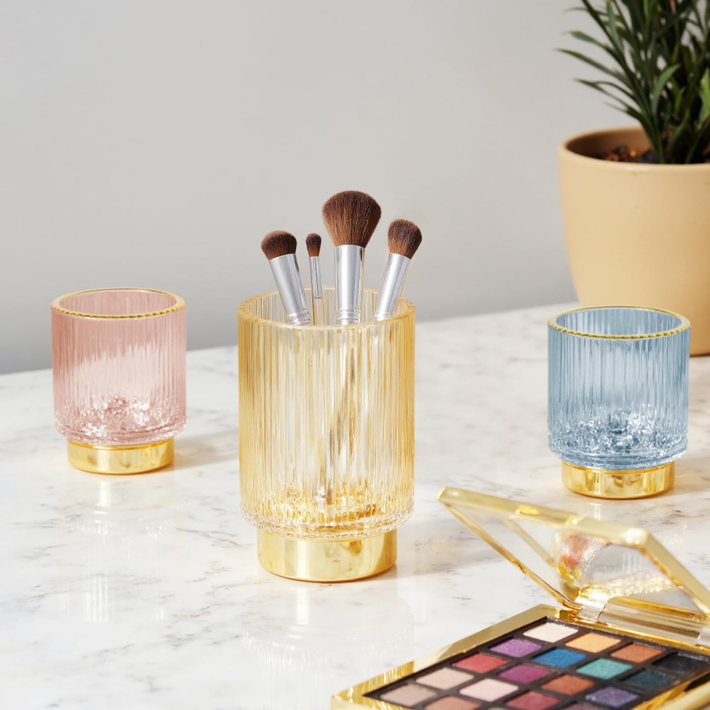 FullMeet Makeup Brush holder Organizer, Crystal Glass Toothbrush Holders, Striped Make Up Brush Holder for Vanity, Pen Holder for Desk, Vase -Pink (S+L)