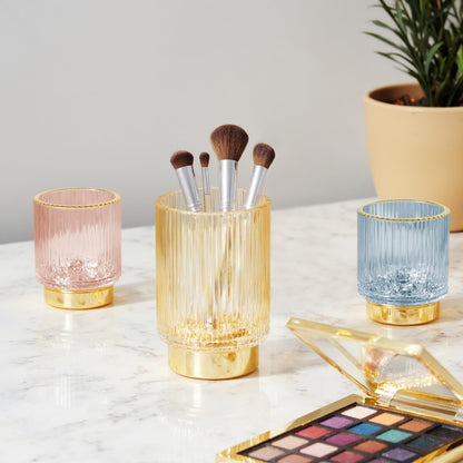 FullMeet Makeup Brush holder Organizer, Crystal Glass Toothbrush Holders, Striped Make Up Brush Holder for Vanity, Pen Holder for Desk, Vase -Pink (S+L)