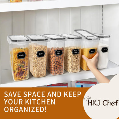 HKJ Chef Cereal Containers Storage Set (4L / 135.2oz), 6PCS Airtight Food Storage Containers with Lids, Cereal Dispensers for kitchen Pantry Organizers and Storage with Pour Spout, 20 Labels, Marker