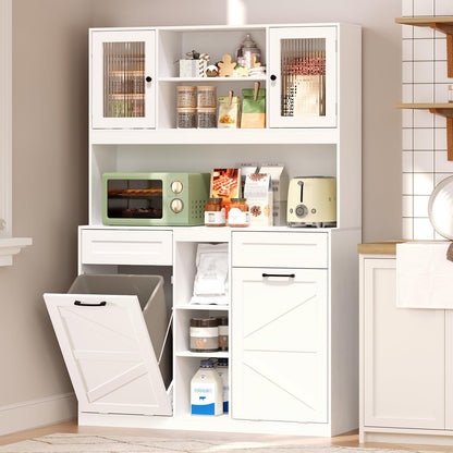 STHYTON Tall Tilt-Out Double Laundry Hamper Cabinet with 2x11-Gallon Hidden Laundry Basket, Tilt Out Trash Bin Cabinet with Fluted Glass Doors, Farmhouse Wooden Bathroom Storage with Push Doors, White