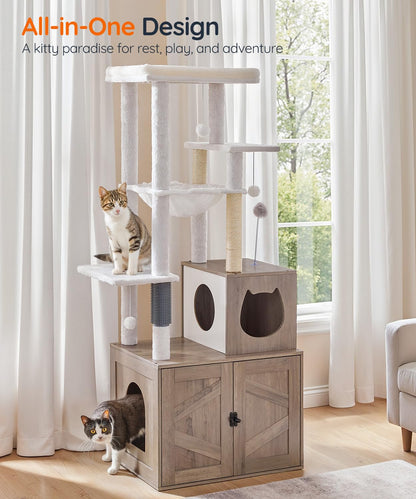 HOOBRO Cat Tree with Litter Box Enclosure Indoor, Wooden Cat Tower with Scratching Posts, Litter Box Furniture Hidden, All-in-One Cat House, Greige BG15MZ03-BG51MZ03