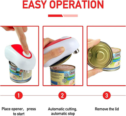 Electric Can Opener, Battery Operated for Seniors, Automatic One Touch Opener for Kitchen, Red with White