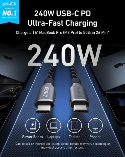 Anker Prime USB C to USB C Cable, 240W Fast Charging Cord, Upcycled-Braided Nylon with 100-Year Bend Durability for iPhone 17 Series, MacBook, Galaxy S24(6 FT)