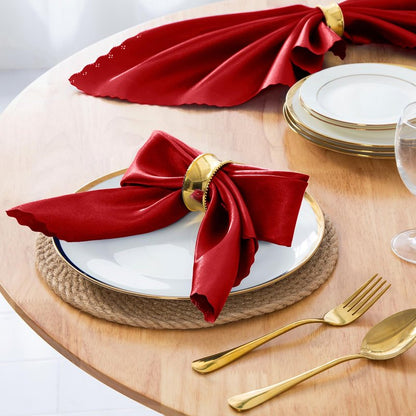 Horbaunal 100 Pack Satin Napkins 17" x 17" Square Dinner Napkins with Elegant Lace, Soft Cloth Napkins for Parties, Weddings, Events, Red
