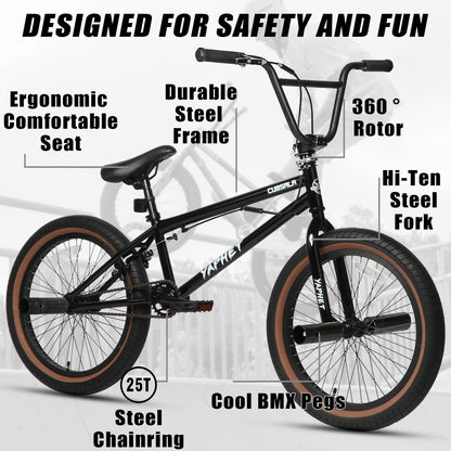 cubsala Freestyle BMX Bike, 20 Inch Yaphet Bicycle for Teen Beginner Adult Riders, Bike with 360° Rotating Handlebar and 4 pegs, Black with Brown Tire