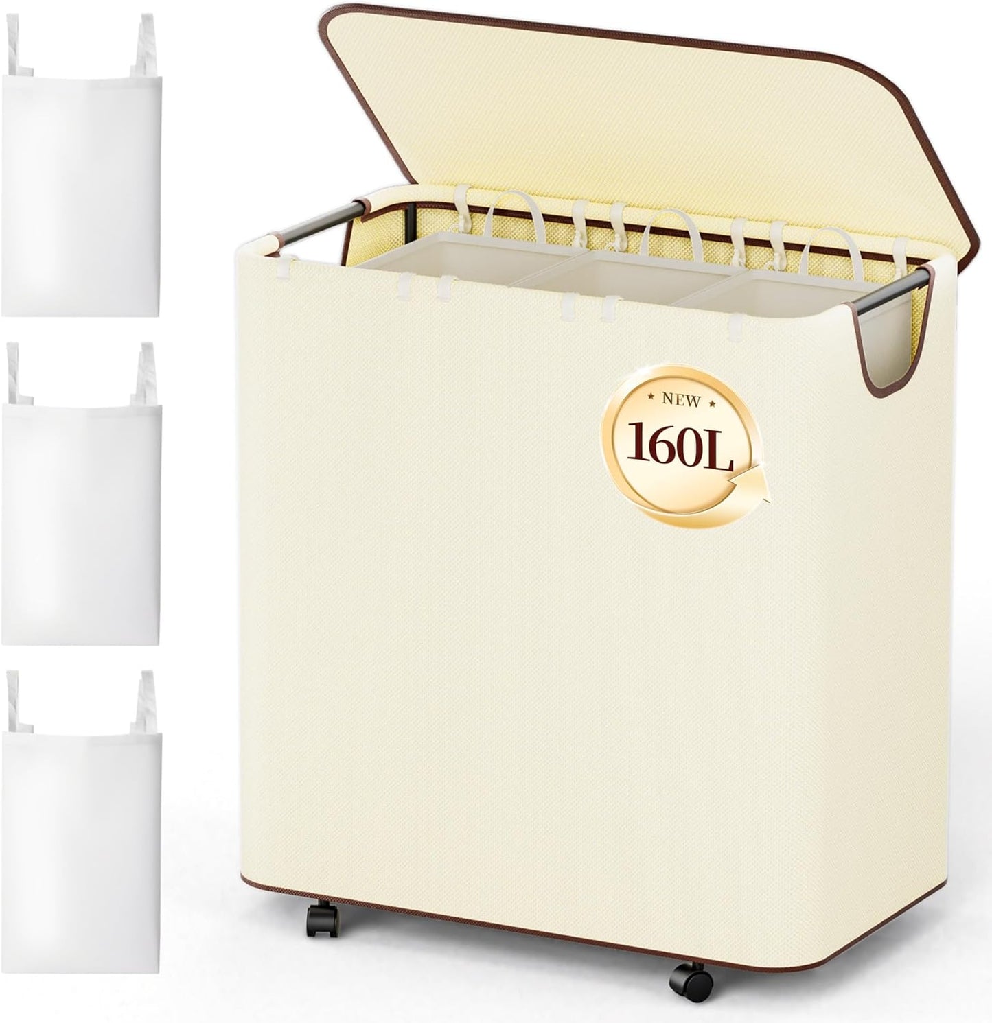 160L 3 3 LAMU Laundry Basket with Wheels, Rolling Laundry hamper with Lid and Removable Laundry Bag, Beige Large