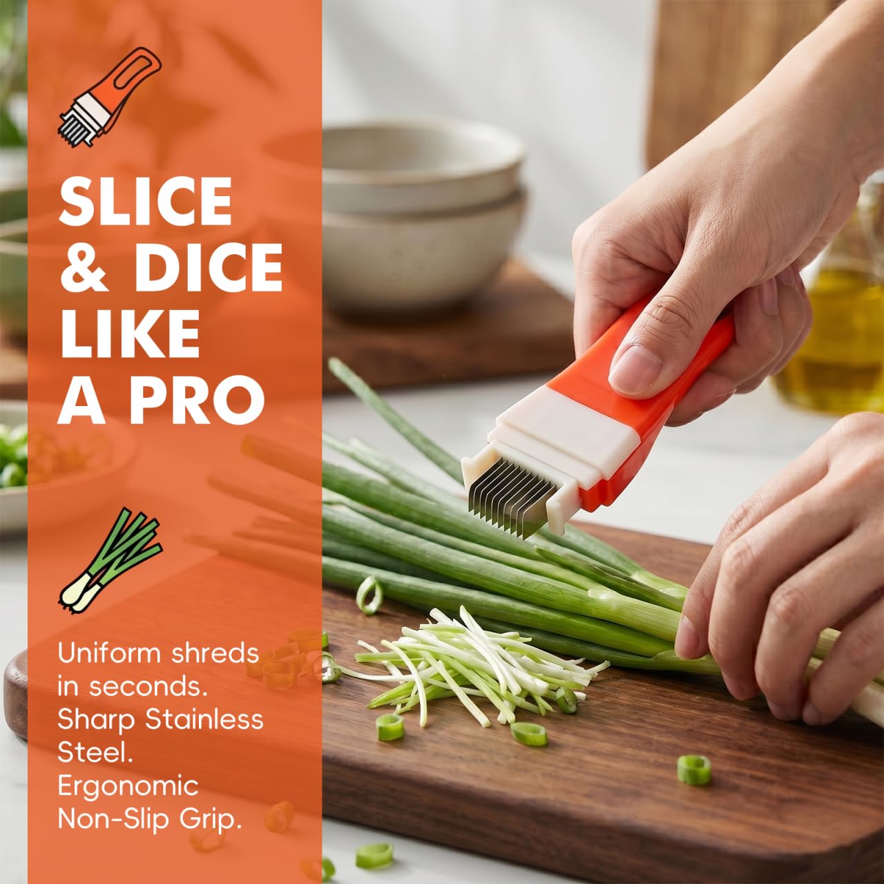 Unomor Green Onion Cutter Vegetable Slicer Scallion Shredder Kitchen Tool - Stainless Steel Multi Blade Cutter with Non Slip Handle for Meal Prep Salad Garnish Chili Cooking