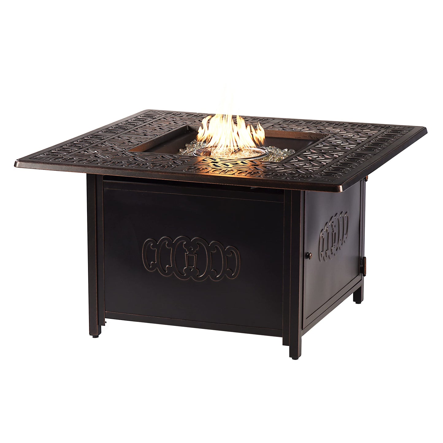 Oakland Living Aluminum 57,0000 BTU 42 in. Square Propane Black Fire Pit Table with Fire Beads, Lid, Propane Tank Cover and Table Fabric Covers in Copper Finish