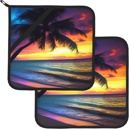 Potholders, Sunset Coconut Palm Tree on Beach, Blue Ocean Baking Pot Holder, 2-Piece Set