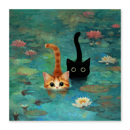 RLTXBUK Whimsical Black Orange Cat Diamond Art Kits, Monet Inspired Water Lilies Kitten Gem Diamond Painting Art Kits for Adults Beginners, Cat Mom Lovers Lady Gifts for Women 11.8x11.8 Inch