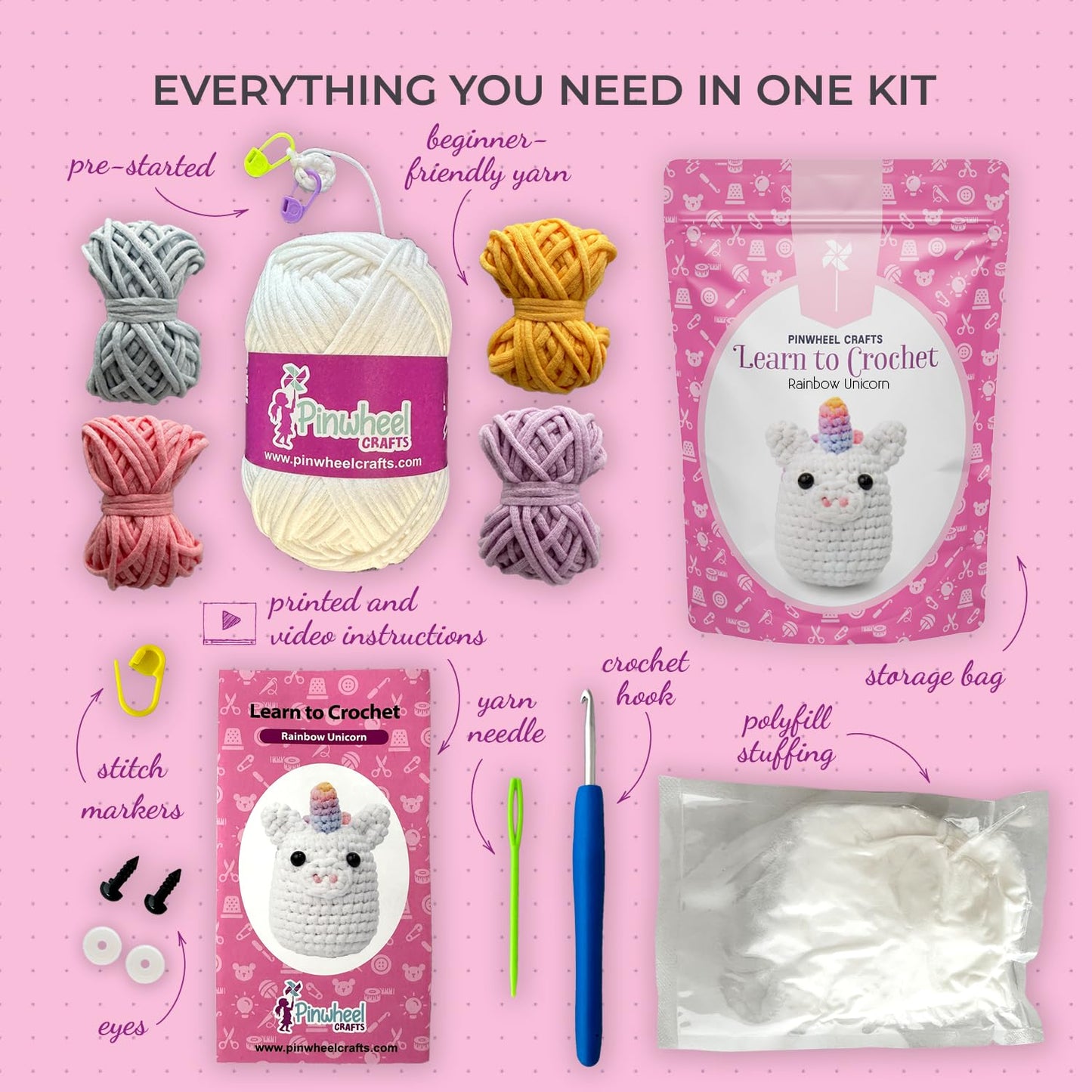 Pinwheel Crafts Easy Crochet Kit for Kids and Adults - Cute Unicorn Amigurumi Crochet Kit with Thicker Yarn, Hook, Needle and Step-by-Step Video Tutorials