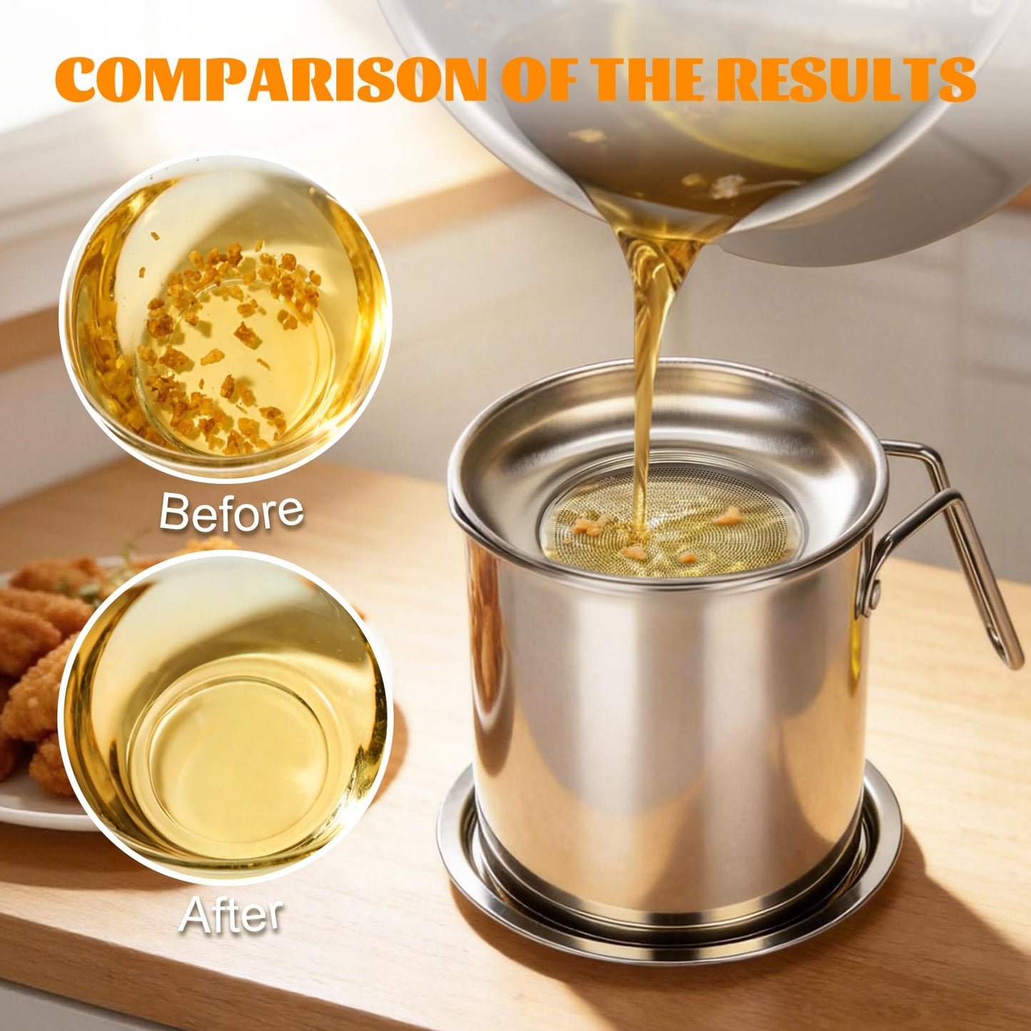 Opifex Bacon Grease Container with Fine Mesh Strainer,2.0L/68oz Stainless Steel Bacon Grease Keeper with Lid and Tray,Large Cooking Oil Storage Can for Frying Oil, Lard, Dishwasher Safe
