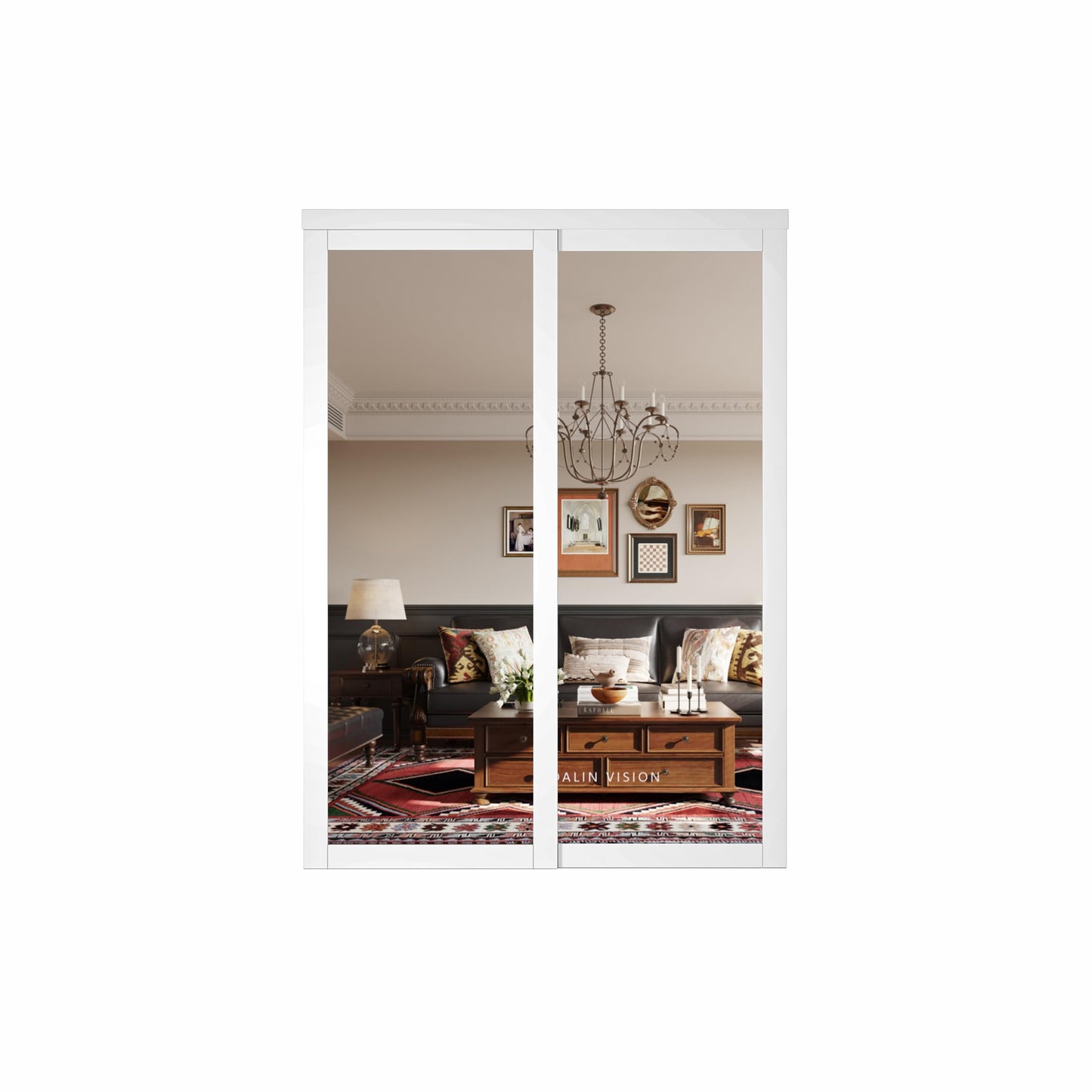 SOLRIG Closet Doors, 60"(Double 30.98") x 80" Mirror Closet Doors,1-Lite Mirror Sliding Door with Hardware Track Kit & Floor Guide, Finished Doors 2 Panels, MDF, White