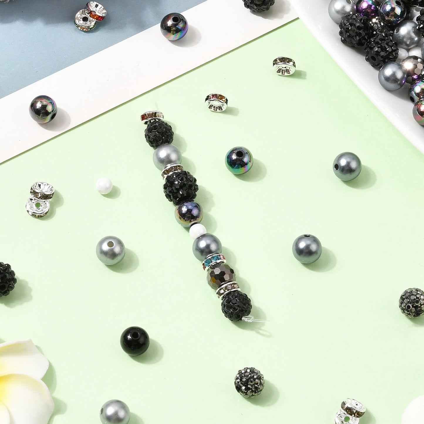 KitBeads 200 Pcs Black DIY Beads Findings Kits Brass Rhinestone Polymer Clay Bubble Rondelle Beads for DIY Craft Jewelry Making Bracelets Earring Keychains Pens Crafts