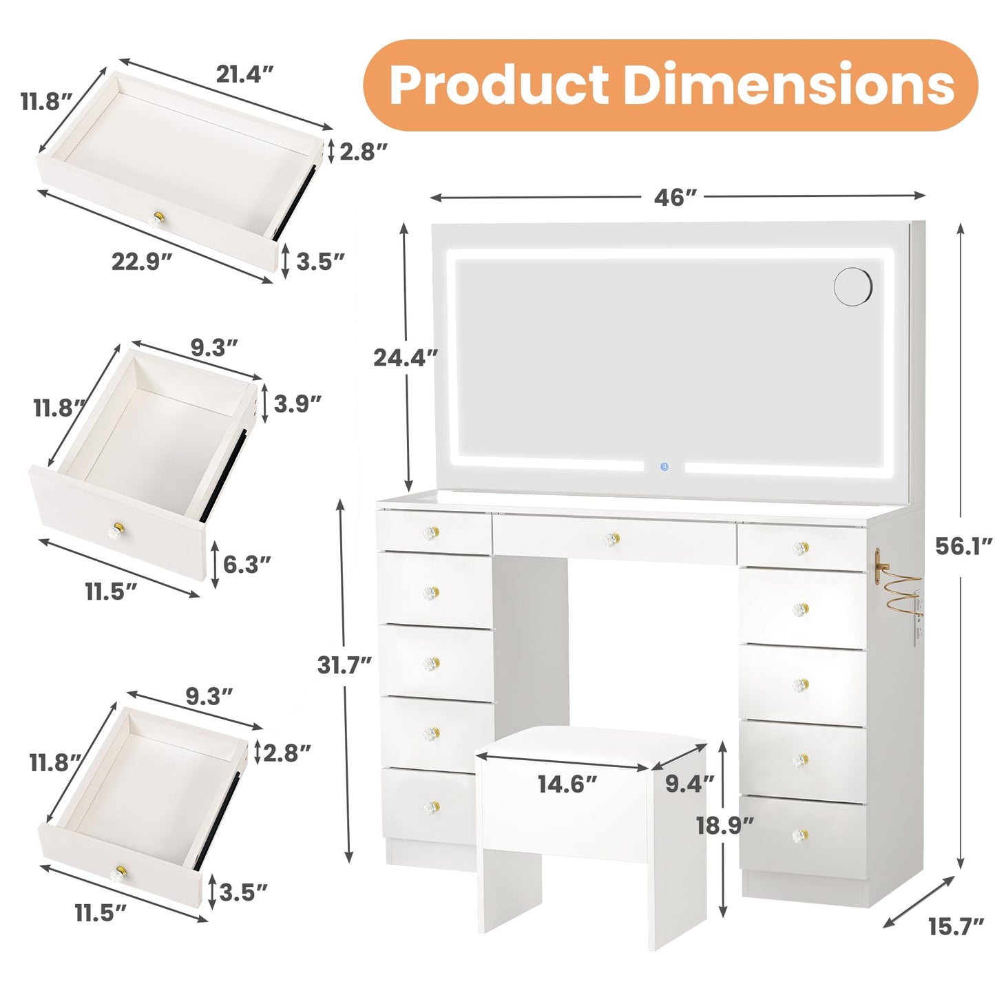 Pamapic Glass Top Makeup Vanity with Crystal Handles, 11 Drawers Vanity Desk with Mirror and Stool, 3 Lighting Modes Dressing Table with Charging Station, White