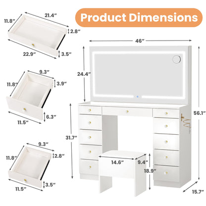 Pamapic Glass Top Makeup Vanity with Crystal Handles, 11 Drawers Vanity Desk with Mirror and Stool, 3 Lighting Modes Dressing Table with Charging Station, White
