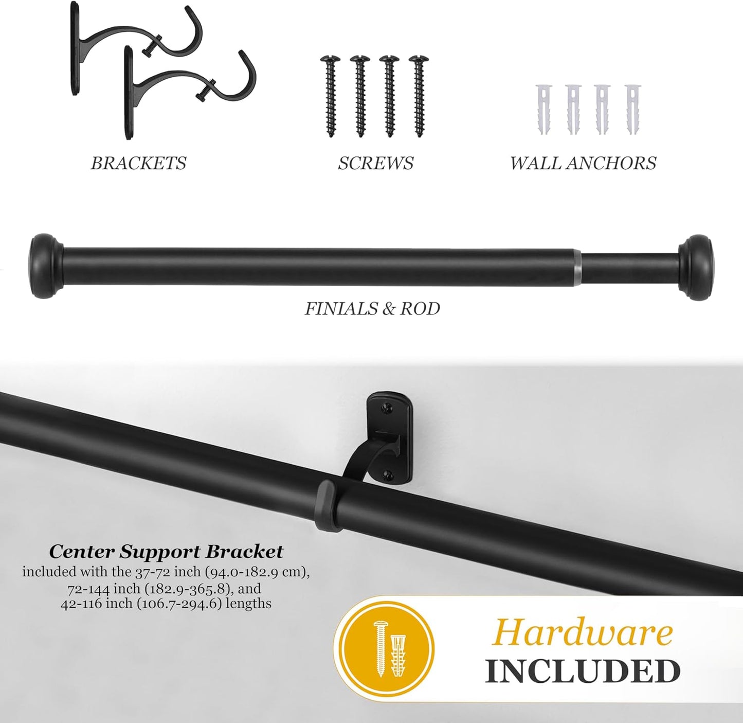 Kenney Weaver Cap End Indoor/Outdoor Black Curtain Rod, Adjustable 37-72 Inch for Windows & Patio