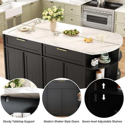 HSH 63” Large Kitchen Island with Seating, White Faux Marble Island Table with 2 Storage Drawers, Cabinets, 3 Open Shelves, Modern Counter Height Stationary Island Prep Table for Kitchen Dining Room