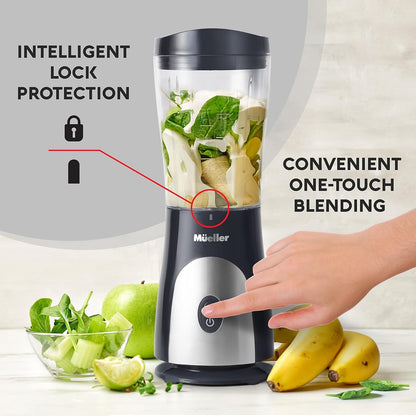 Mueller Smoothie Blender for Smoothies - Personal Blender for Shakes, Frozen Drinks, Baby Food & More, 15oz Travel Cup and Lid, Durable Stainless Steel Blades for Powerful Blending Performance, Black