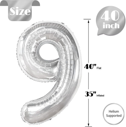 Silver 9 Balloon - 40 Inch Giant Number Balloon for 9th Birthday Decorations | Perfect for Boys & Girls