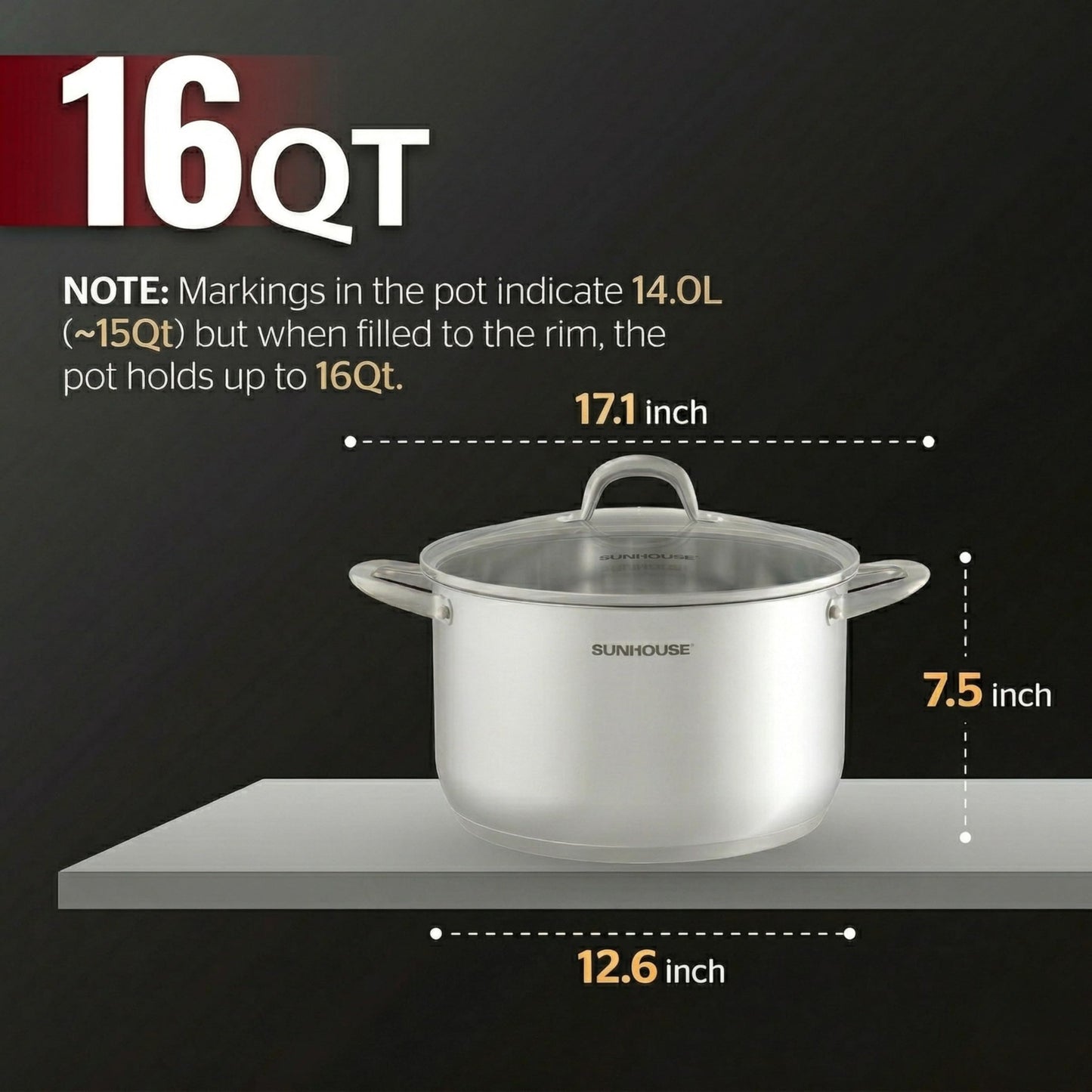 SUNHOUSE Stainless Steel Stock Pot - 16 Quart Heavy-Duty Induction Cooking Pot with Visible Lid for Pasta, Soup, Spaghetti - Nonstick Thick-Bottom Deep Stockpot for Canning, Boiling, and Simmering