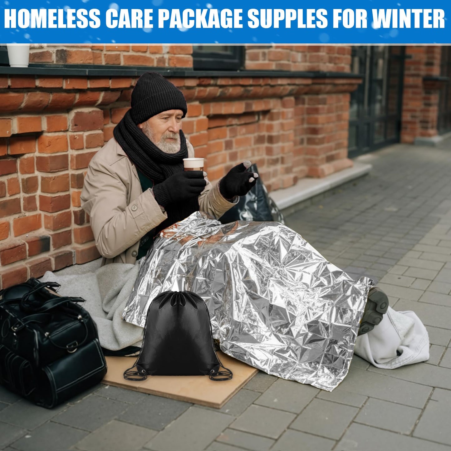 Jamntower 144 Pcs Homeless Care Supplies Bulk Emergency Blanket Beanies Hat Scarf Winter Touchscreen Gloves Thermal Socks Drawstring Bag for Cold Weather Outdoor Camping Hiking Survival (Multicolor)