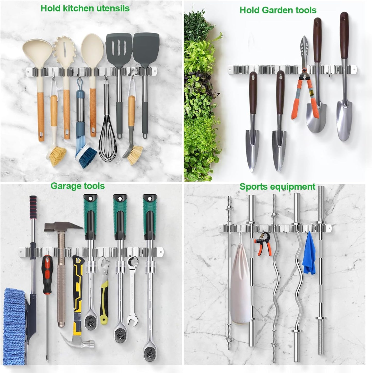 Voze Mop and Broom Holder - 3 Racks & 4 Hooks | Heavy-Duty Wall Mount Organizer for Home & Garage