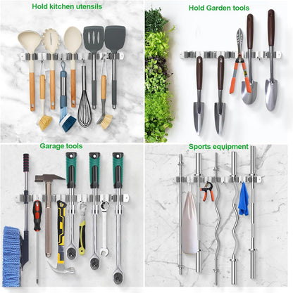 Voze Mop and Broom Holder - 3 Racks & 4 Hooks | Heavy-Duty Wall Mount Organizer for Home & Garage