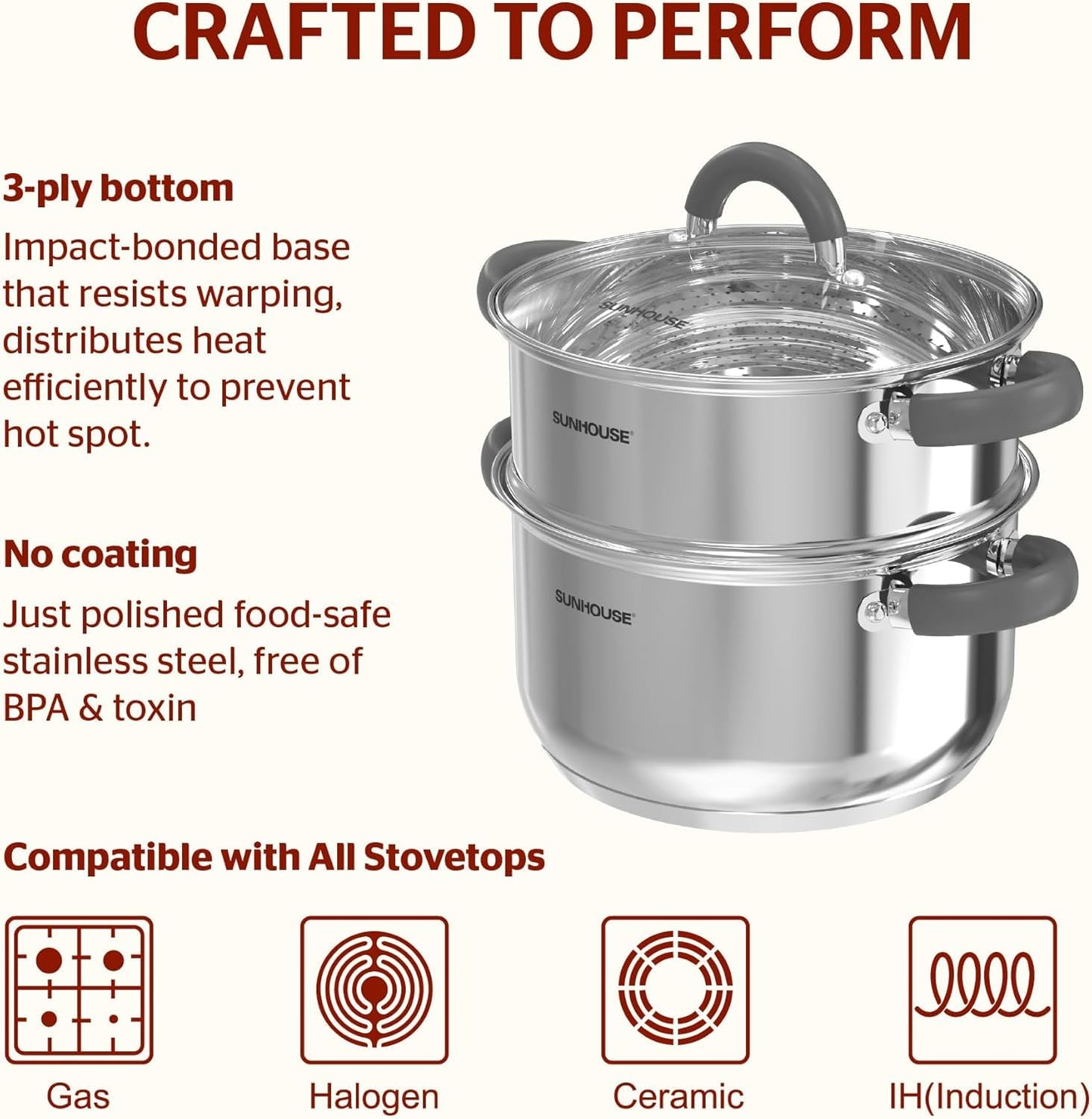 SUNHOUSE 3 Quarts Steamer Pots With Lid, 2-Tier Multipurpose Stainless Steel Steaming Pot Cookware With Stay-Cool Handles, Tri-ply Bottom, Compatible with All Cooktops