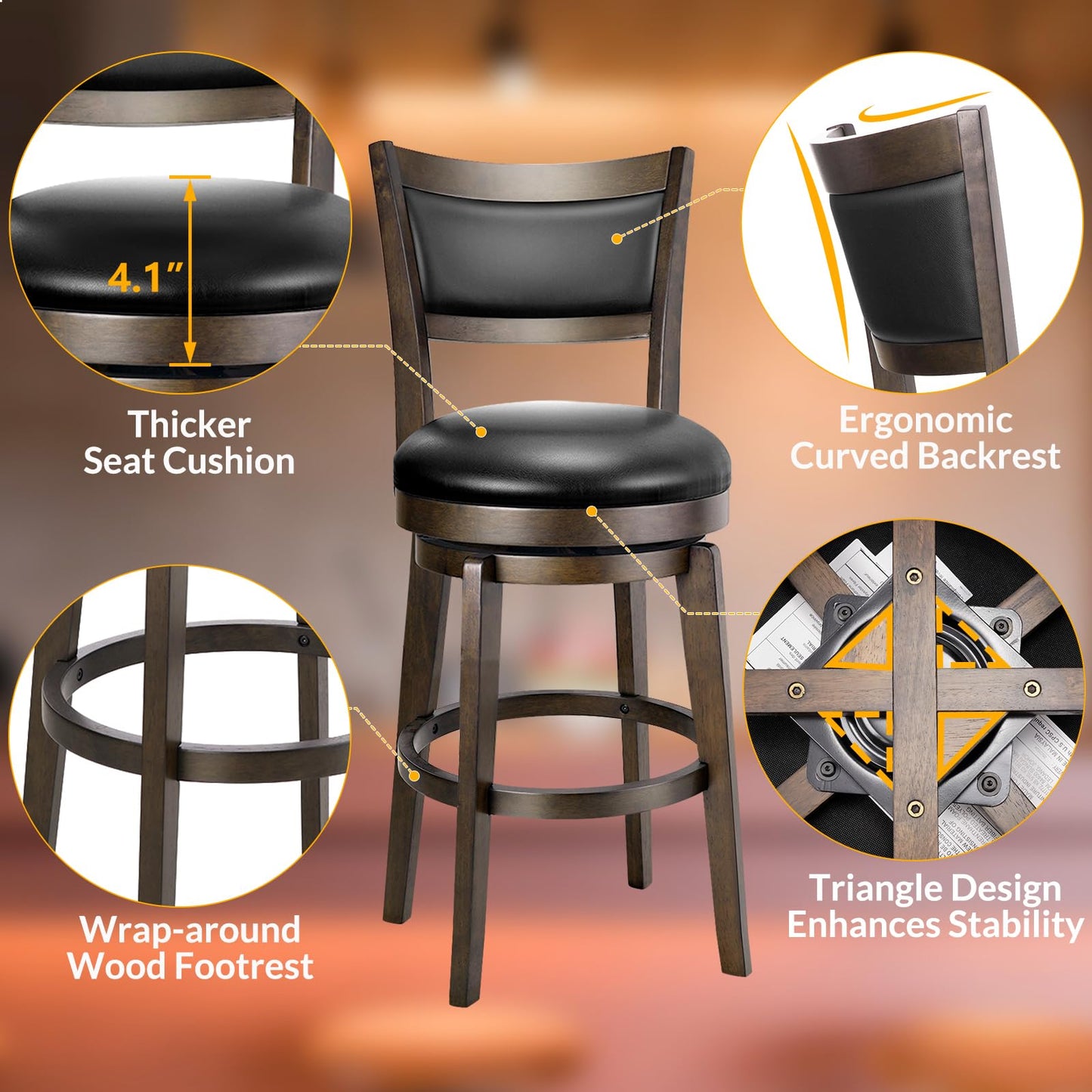 PrimeZone Swivel Bar Stools Set of 4, 24 Inch Counter Height Barstools, Black Faux Leather Bar Stool with High Backrest & Solid Wood Leg & Wrap-Around Footrest, Counter Stools for Kitchen Island, Pub