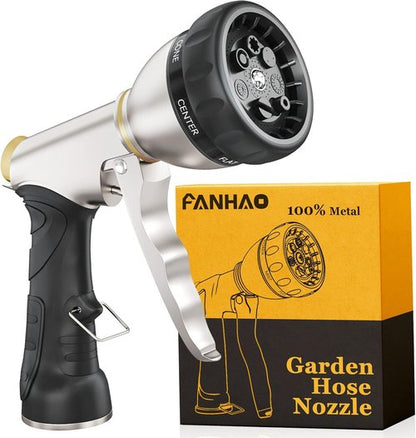FANHAO Heavy Duty Metal Garden Hose Nozzle - 7 Spray Patterns & Ergonomic Handle for Efficient Watering